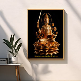 In a serene setting, a stunning golden Buddha sits Poster