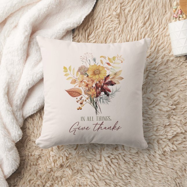 In All Things, Give Thanks – Autumn Floral Bouquet Throw Pillow (Blanket)
