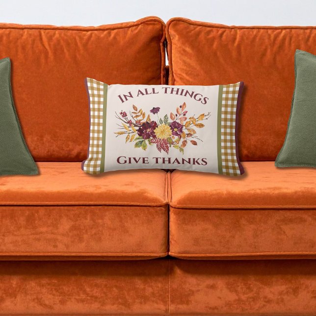 In All Things Give Thanks Autumn Floral Lumbar Pillow (Creator Uploaded)