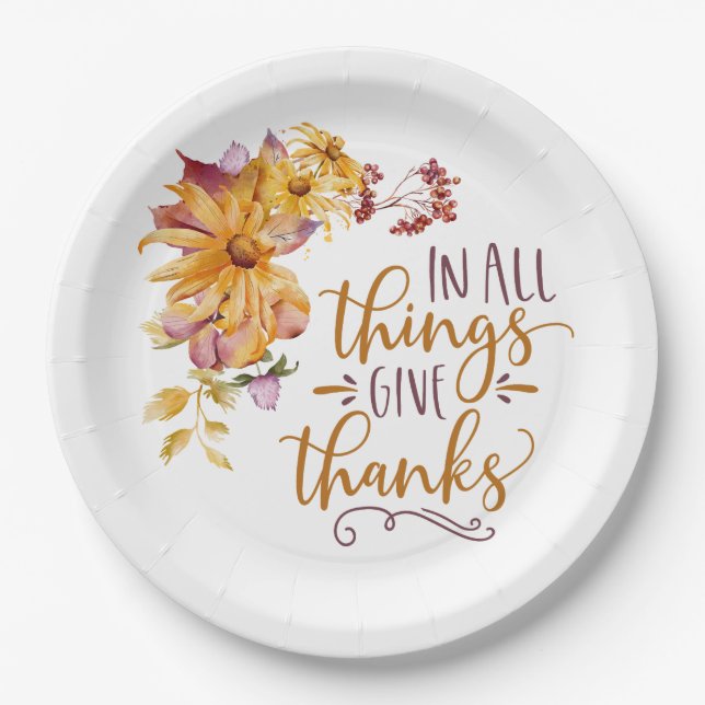 In All Things Give Thanks Autumn Floral Paper Plates (Front)