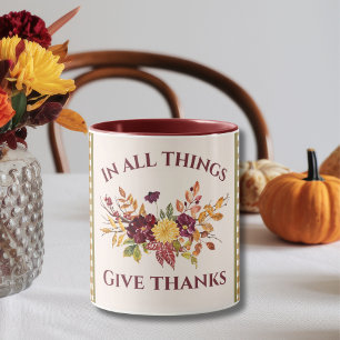 In All Things Give Thanks Burgundy Gold Damask Mug