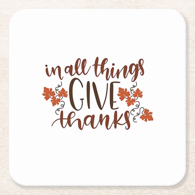 In All Things Give Thanks Thanksgiving Pumpkin  Square Paper Coaster (Front)