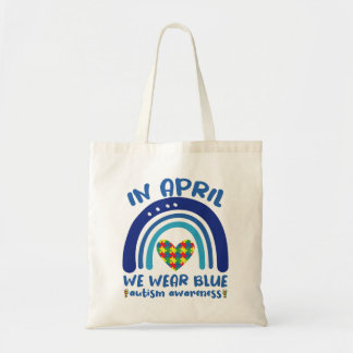 In April We Wear Blue Autism Awareness Month Tote Bag
