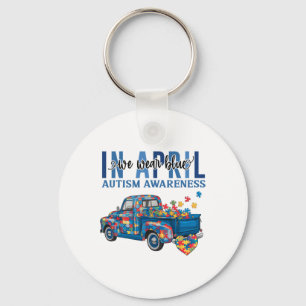 In April We Wear Blue Autism Awareness Truck Puzzl Keychain