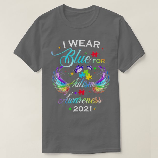 In April We Wear Blue Rainbow Puzzle Autism Awaren T-Shirt (Design Front)