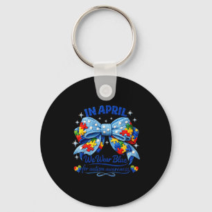 In april wear blue autism awareness puzzle bow keychain