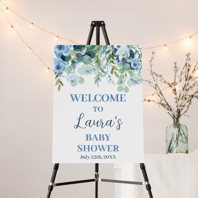 In Bloom Blue Blush Baby Shower Welcome sign (In Situ (Stand))