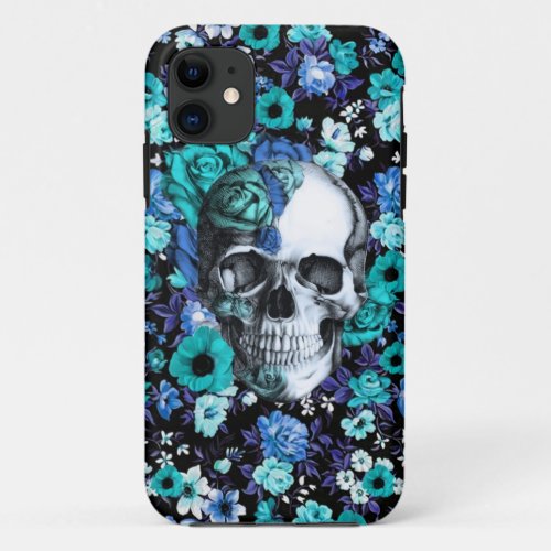 In bloom blue floral skull iPhone 11 case