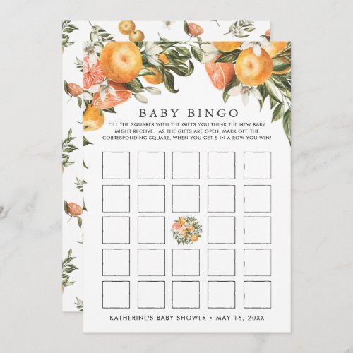 In Bloom  Citrus Orange Baby Shower Bingo Card