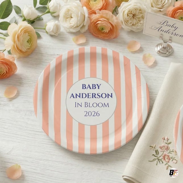 In Bloom Coral Stripe Baby Shower Personalized Paper Plates (Creator Uploaded)
