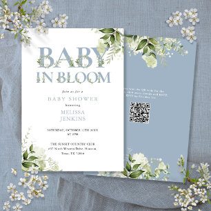In Bloom Dusty Blue Greenery QR Code Baby Shower Invitation