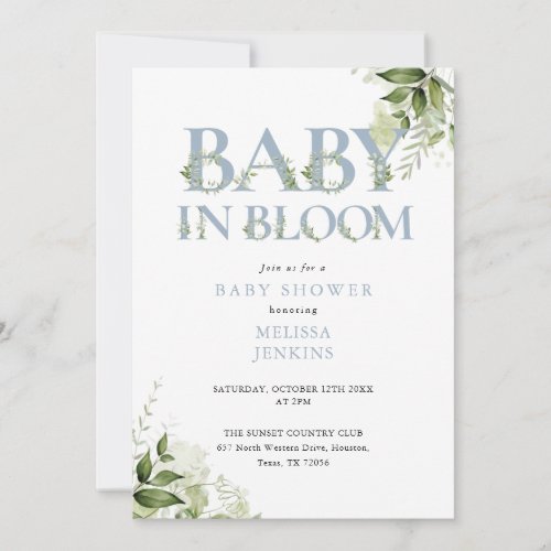 In Bloom Dusty Blue Greenery QR Code Baby Shower Invitation
