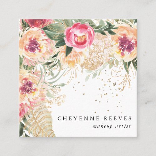 In Bloom  Elegant Watercolor Pink Peony Floral Square Business Card