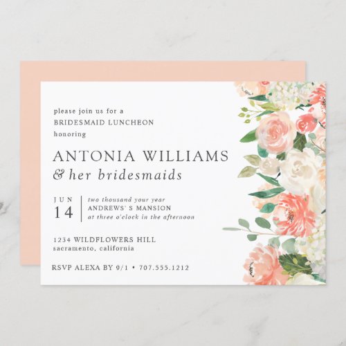 IN Bloom  Floral Peach Pink Bridesmaid Luncheon  Invitation