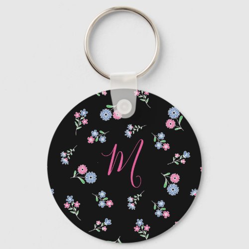 In Bloom Monogrammed Initial Pink Blue Pattern Keychain