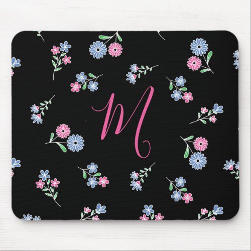 In Bloom Monogrammed Initial Pink Blue Pattern Mouse Pad