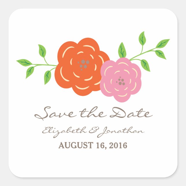 In Bloom Orange Pink Save the Date Stickers (Front)