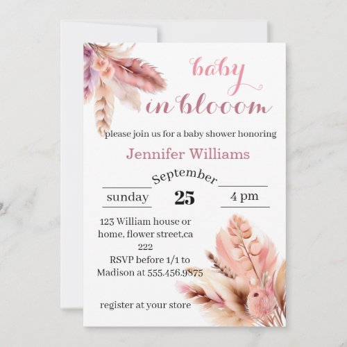  in bloom pampas grass baby girl shower invitation