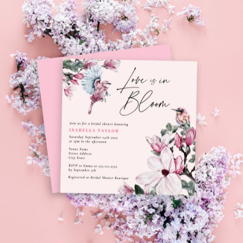 In Bloom Pink Floral  Birds Bridal Shower Invitation