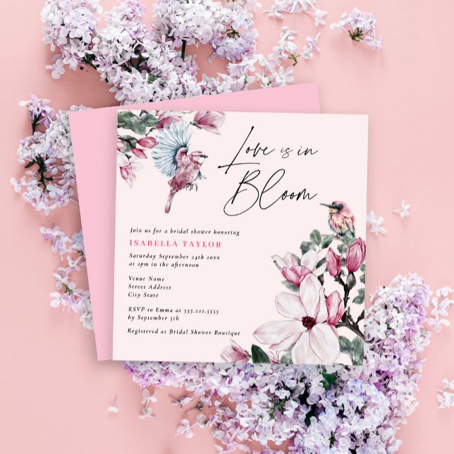 In Bloom Pink Floral & Birds Bridal Shower Invitation (Creator Uploaded)