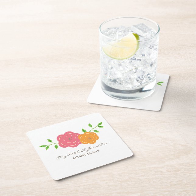 In Bloom Red Orange Floral Paper Coasters (Insitu)