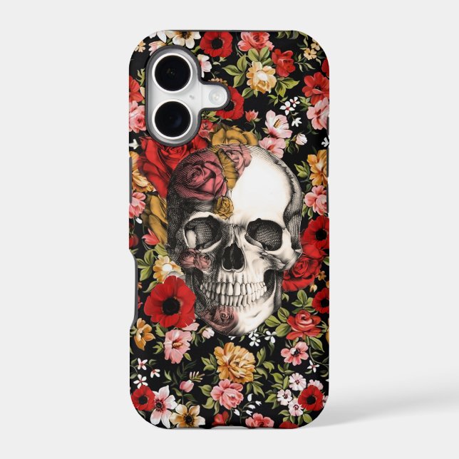 In bloom, retro floral pattern with skull iphone case (Back)
