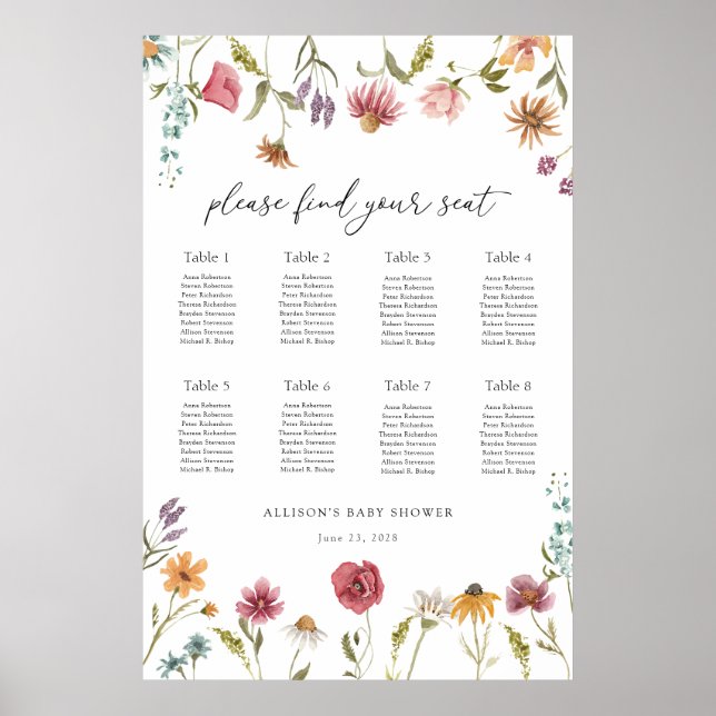 In Bloom Wildflower Baby Shower Seating Chart (Front)