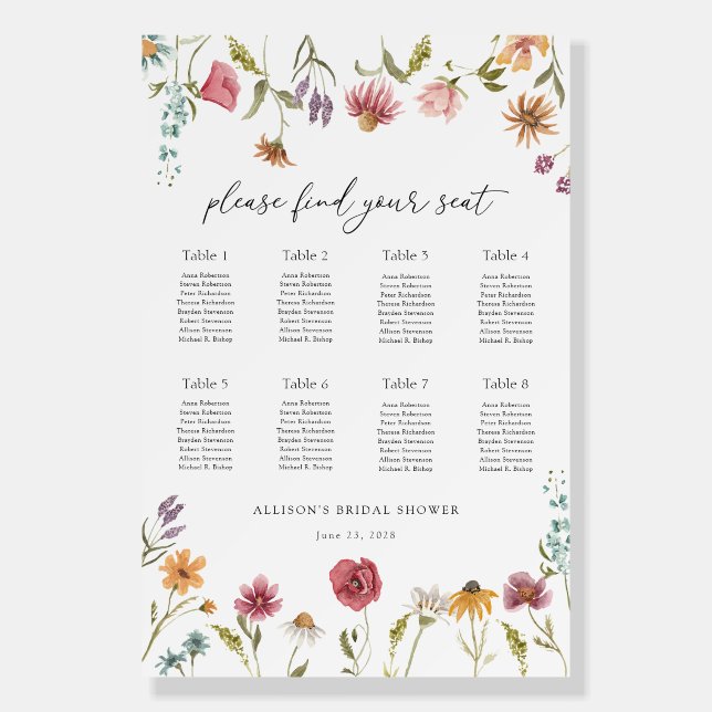 In Bloom Wildflower Bridal Shower Seating Chart Foam Board (Front)