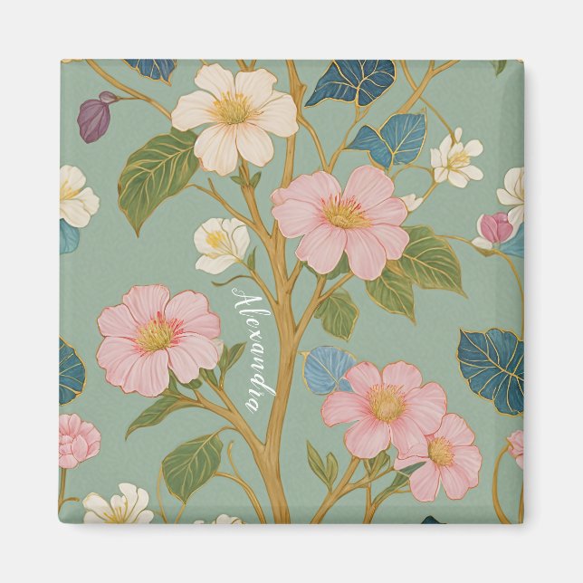In Blossom: Pastel Branch with Pink Flowers Magnet (Front)