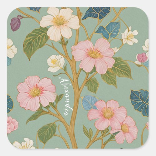 In Blossom Pastel Branch with Pink Flowers Square Sticker