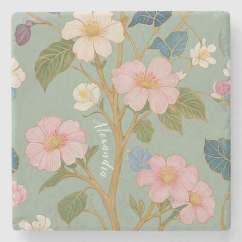 In Blossom Pastel Branch with Pink Flowers Stone Coaster
