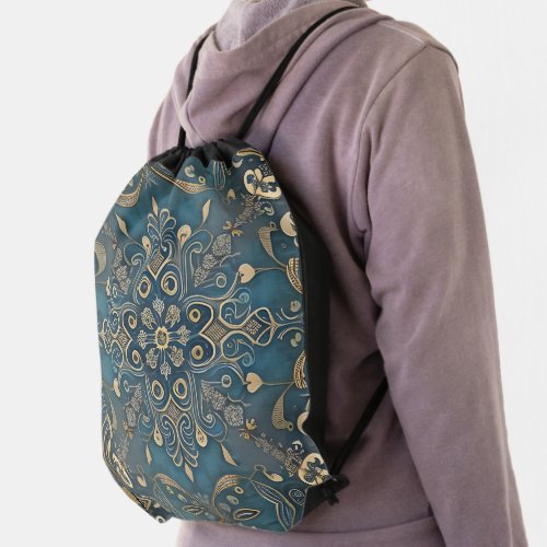 in blue drawstring bag