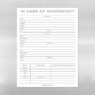 “In Case of Emergency” Camping Emergency Contact  Magnetic Dry Erase Sheet