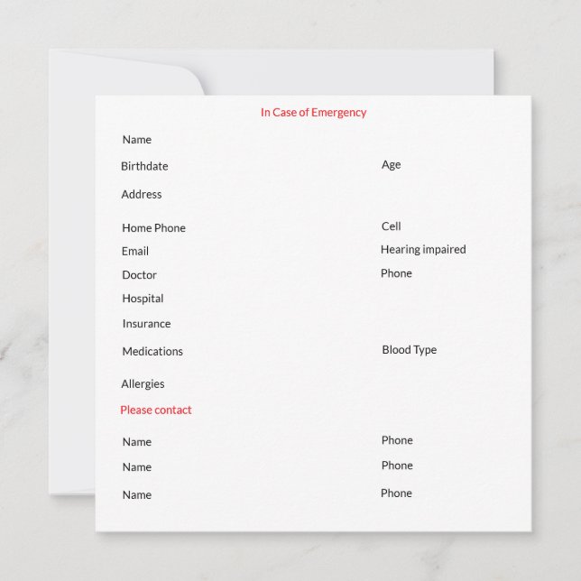 In Case of Emergency Contact Card (Front)