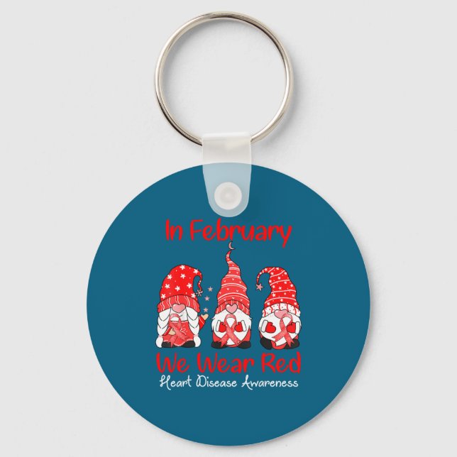 In February We Wear Red Three Gnomes Heart Disease Keychain (Front)