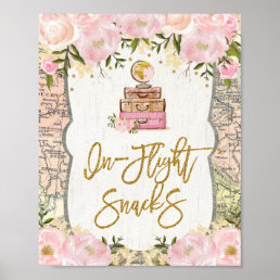 In-Flight Snacks Travel Map Floral Bridal Shower Poster