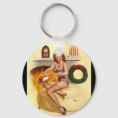 in Front of Fireplace1940s Pin Up Art Keychain