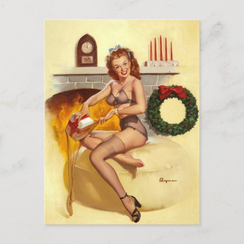 in Front of Fireplace1940s Pin Up Art Postcard