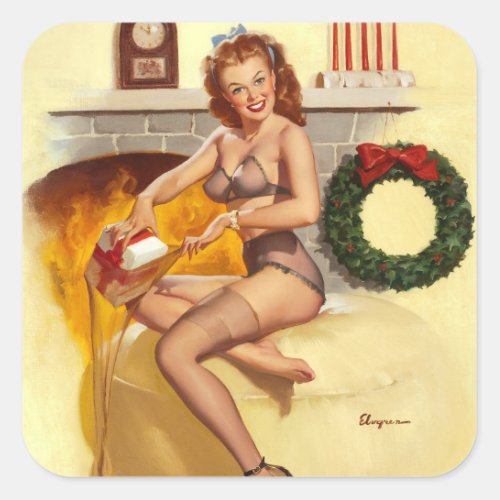 in Front of Fireplace1940s Pin Up Art Square Sticker