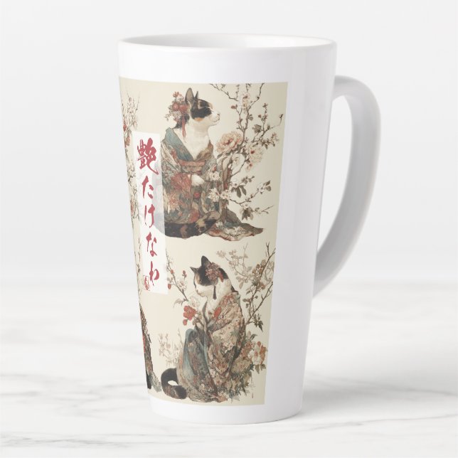 "In Full Bloom" Japanese Cat in Kimono Art Latte Mug (Right Angle)