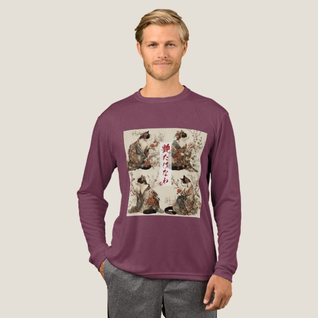 "In Full Bloom" Japanese Cat in Kimono Art Tri-Blend Shirt (Full Front)