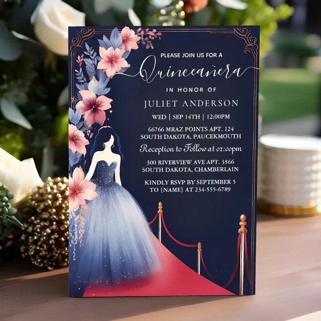 In Glam Ball Gown Spark Dark Navy Blue Quinceanera Invitation (Creator Uploaded)