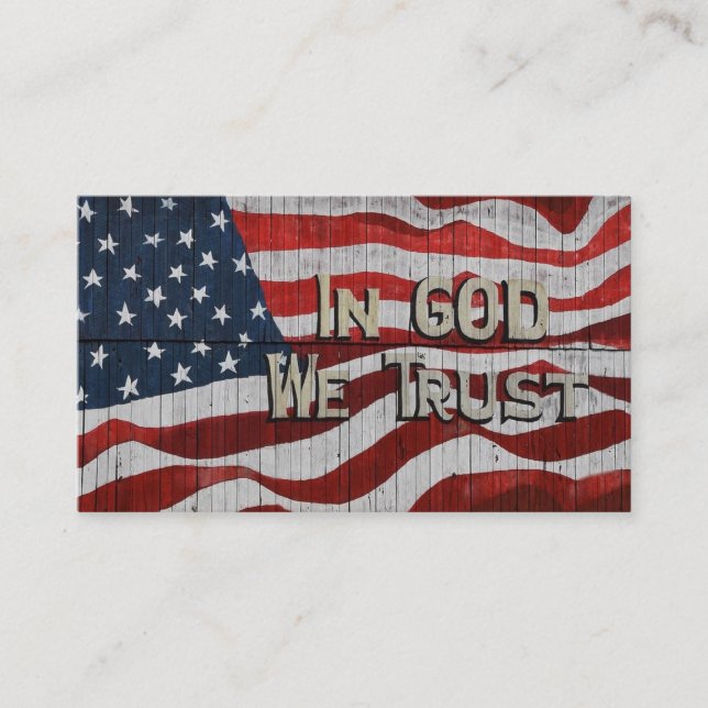 In God We Trust Rustic Barn Board American Flag Business Card (Front)