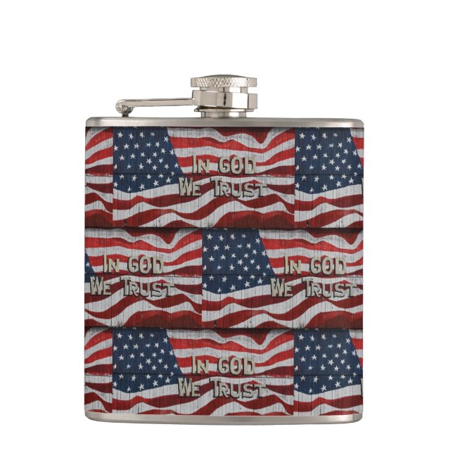 In God We Trust Rustic Barn Board American Flag Flask (Front)