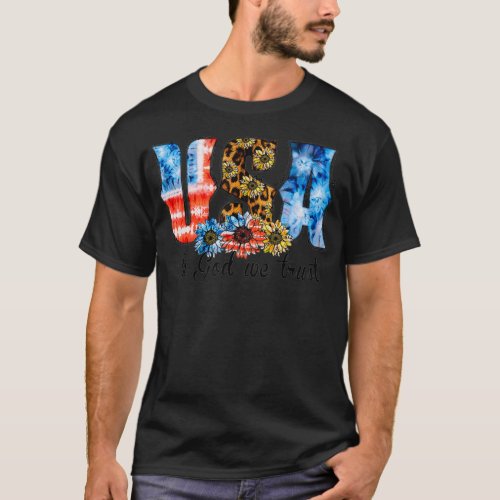 In God We Trust  USA Flag Tye Dye Leopard Sunflowe T_Shirt