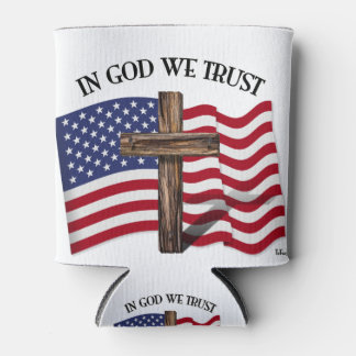 In God We Trust with Rugged Cross and US Flag Can Cooler
