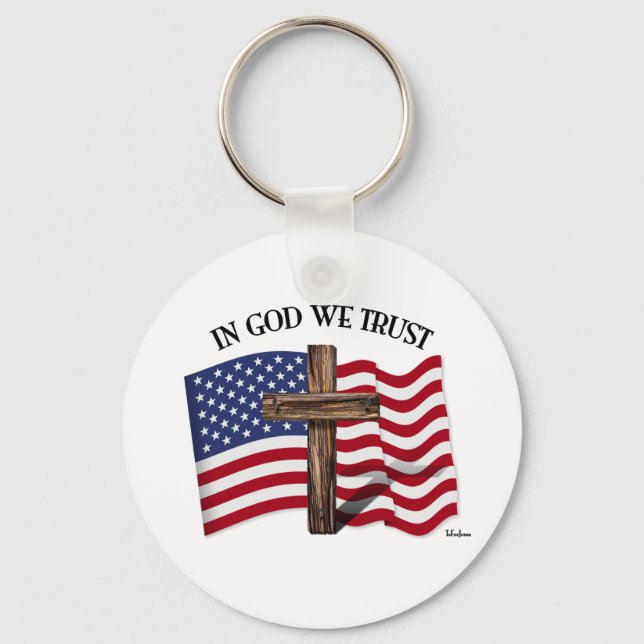 In God We Trust with rugged cross and US flag Keychain (Front)