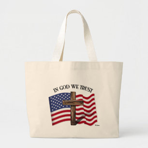 In God We Trust with rugged cross and US flag Large Tote Bag