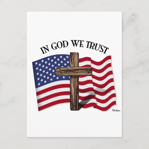 In God We Trust with rugged cross and US flag Postcard