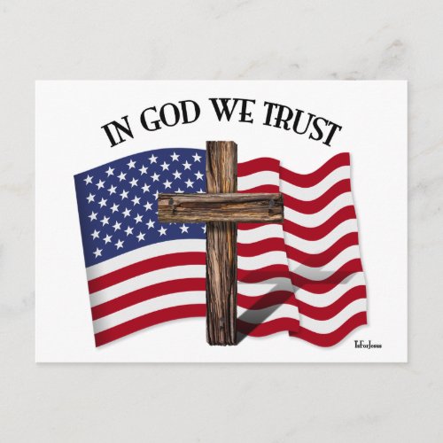 In God We Trust with rugged cross and US flag Postcard